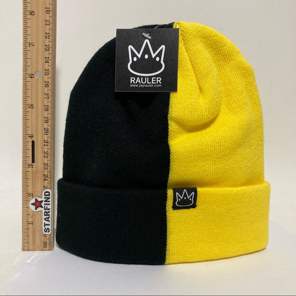 Half Black Yellow 2 Two Tone Beanie Knit Cap Hat - Picture 3 of 4